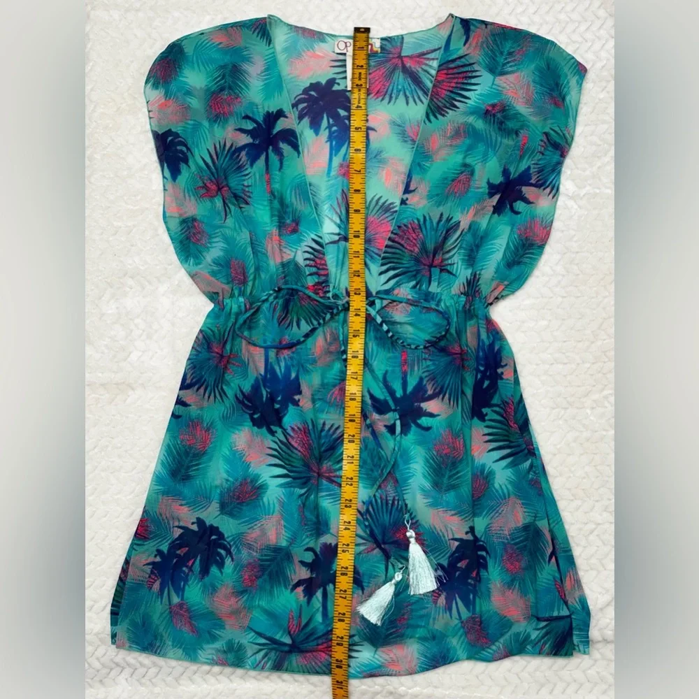OP Turquoise Pink Swim Cover Up Size 11/12 Tassel Tie Tropical Print Beachy